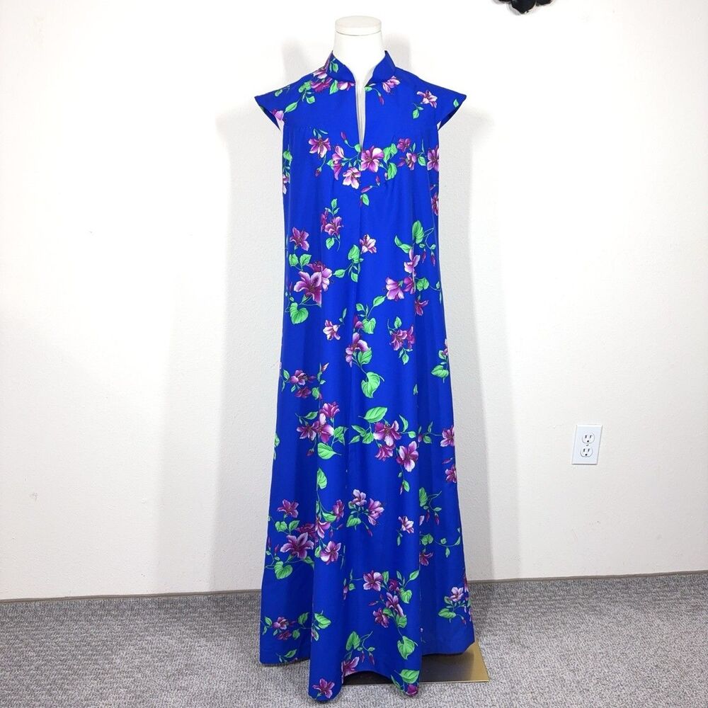 Vintage Hilo Hattie Dress Womens 12 Blue Floral Maxi Tropical Hawaiian Travel